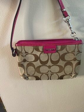 Coach Tan Signature Canvas Wristlet with Pink Trim